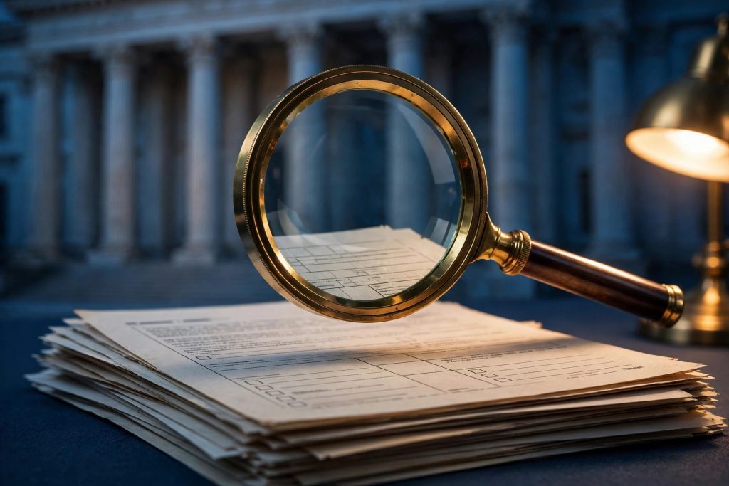 Magnifying glass over insurance rate filing documents