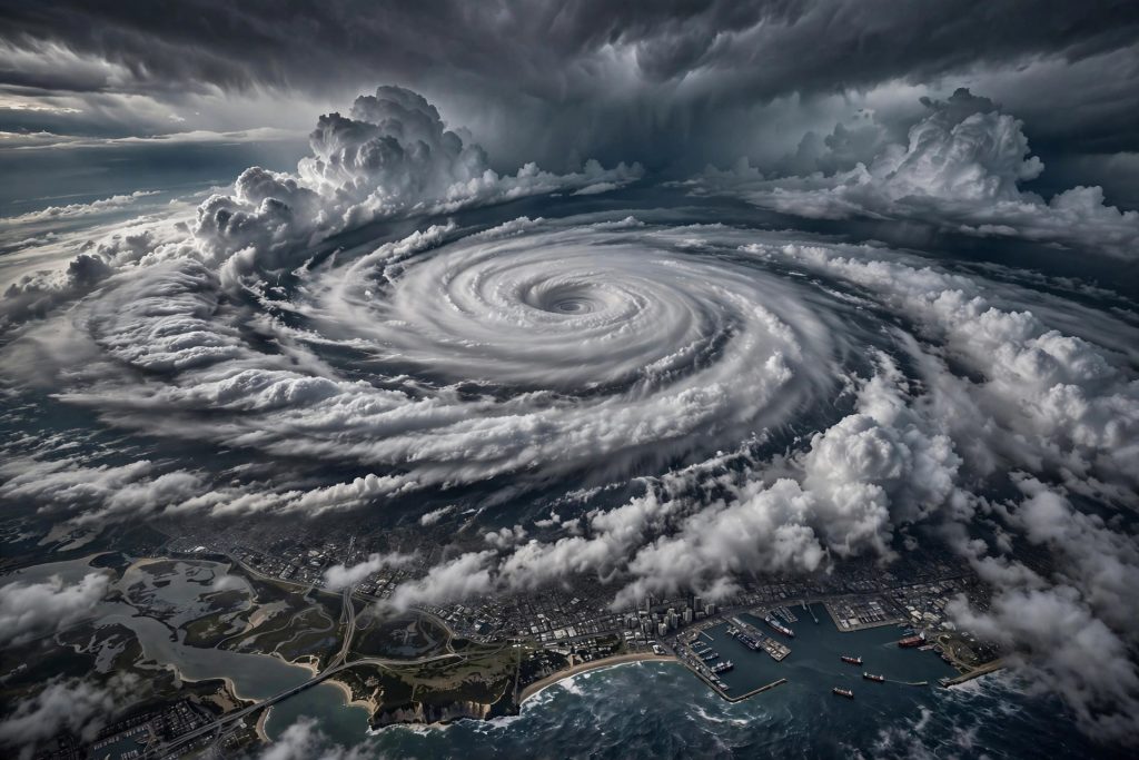Aerial view of a hurricane swirling over a coastal city