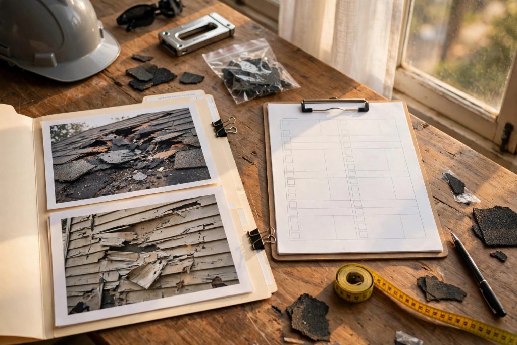 Claims adjuster's desk with an open property claim file, damage-assessment photos, measuring tape, and estimate worksheet in warm daylight