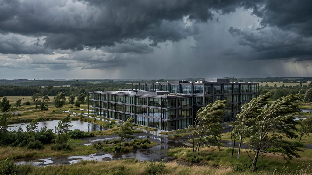 Modern glass office building under stormy skies