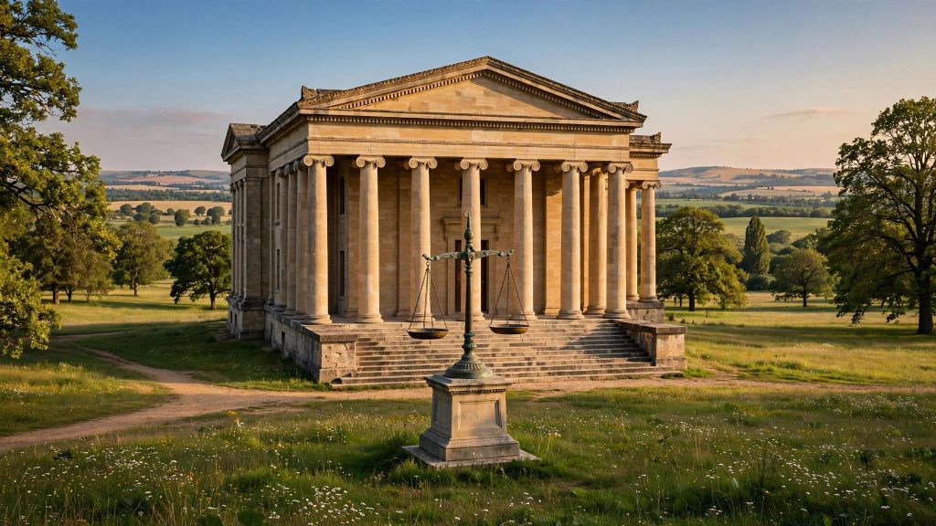 Classical courthouse columns with scales of justice