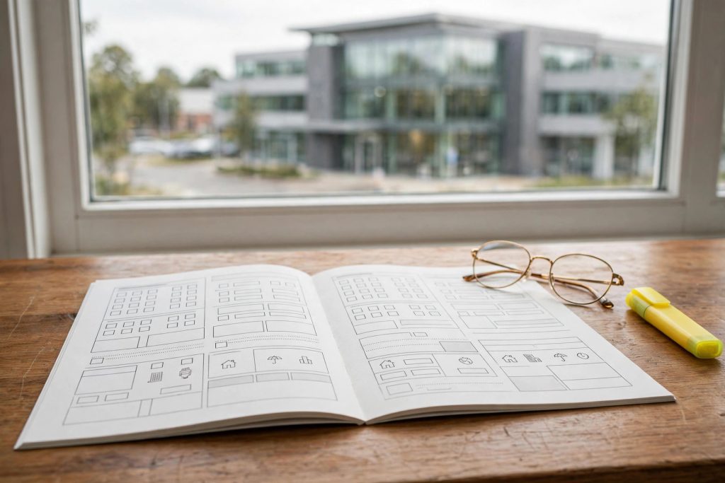 Open insurance policy document with reading glasses and a highlighter on a wooden desk, commercial building visible through a bright office window.