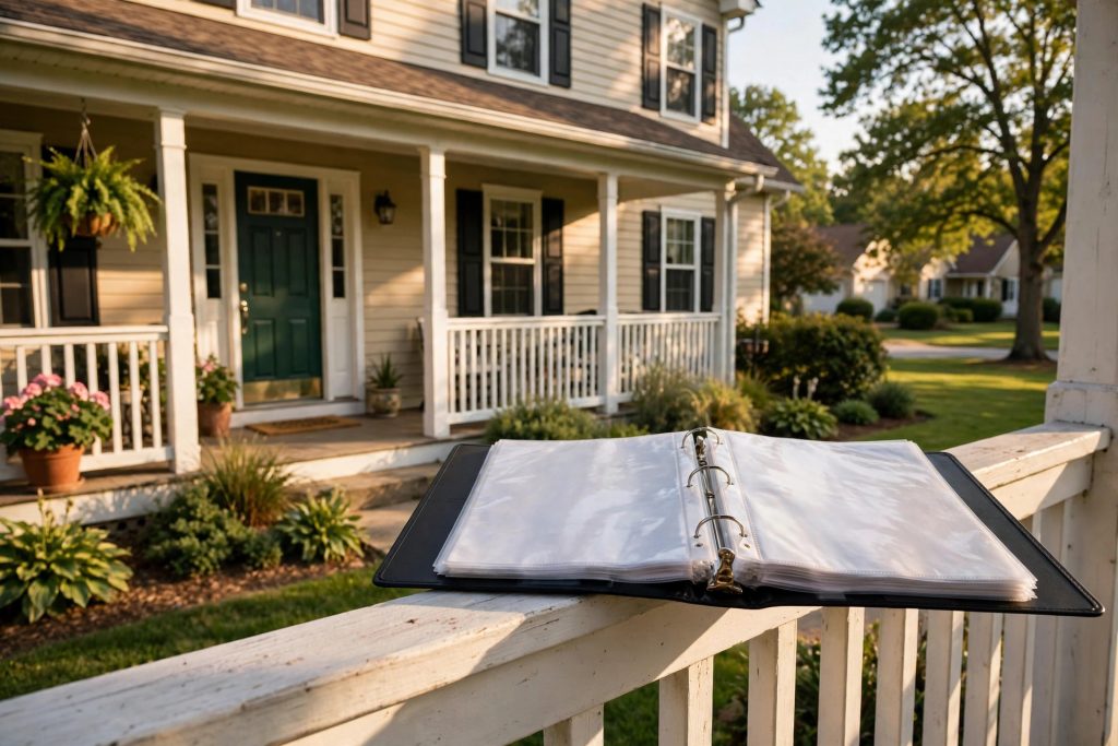 Suburban home with an open insurance policy binder resting on the porch railing in warm daylight.