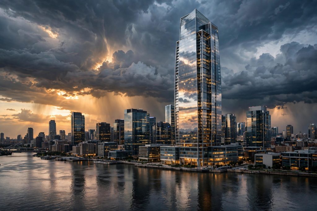 Modern glass high-rise towers of a financial district under dramatic storm clouds at dusk.
