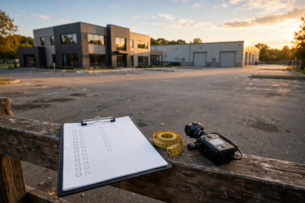 Clipboard holding a risk-assessment checklist with a measuring tape, in front of a commercial office building and warehouse at golden hour.