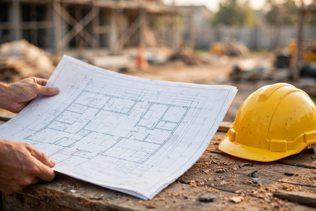 Contractor's hands holding blueprints on a job site table with a yellow hard hat nearby