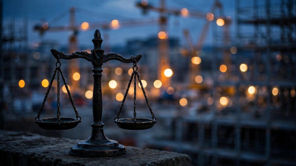 Bronze scales of justice silhouette against a construction site at dusk