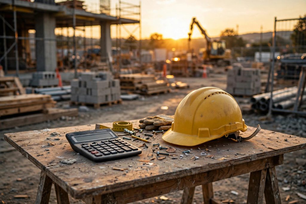 Construction site at golden hour with a calculator and safety helmet on a work table