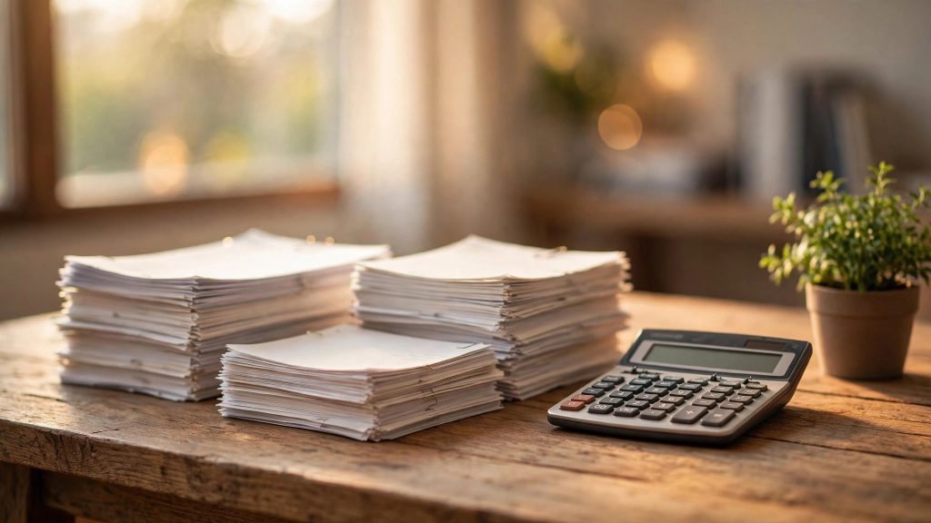 Payroll paperwork stacks and a calculator on a warm wooden desk with a potted plant