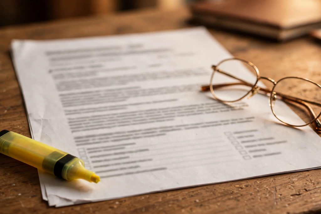Workers' compensation insurance proposal document with a highlighter and reading glasses on a desk in warm office light